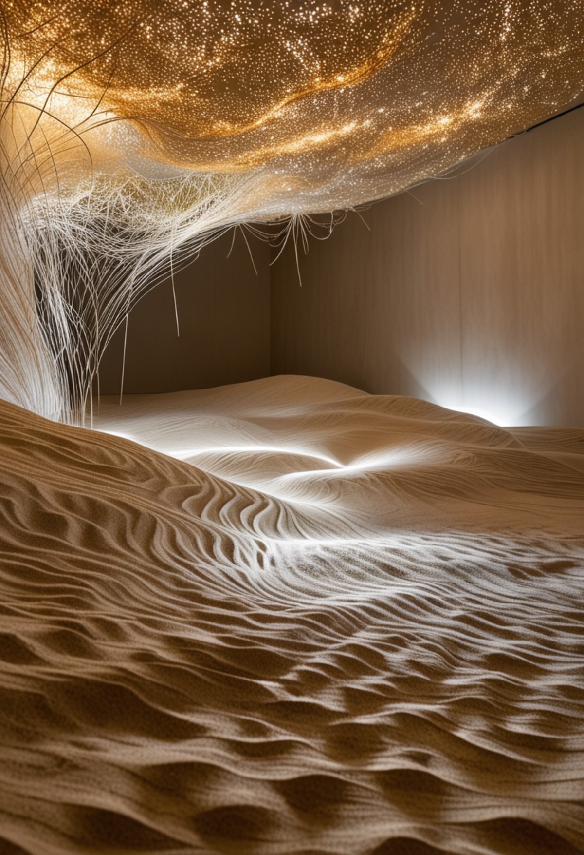 an abstract sculpture with light in a room, tumblr, sand dune,  dezeen showroom, spaghetti, depth perspective,  miyamoto a...
